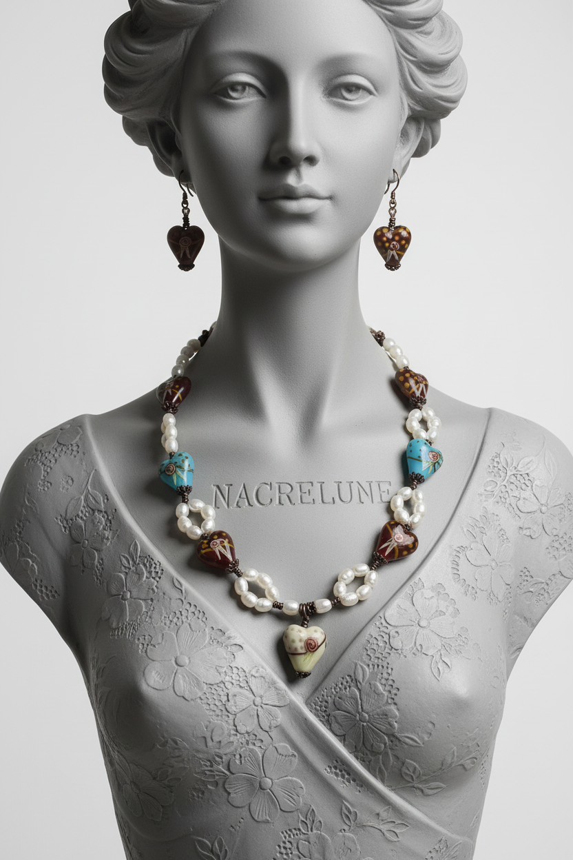 Parure Perles de Culture & Coeurs Verre Venitien Decore - Romantisme & Elegance | NACRELUNE NACRELUNE parure
