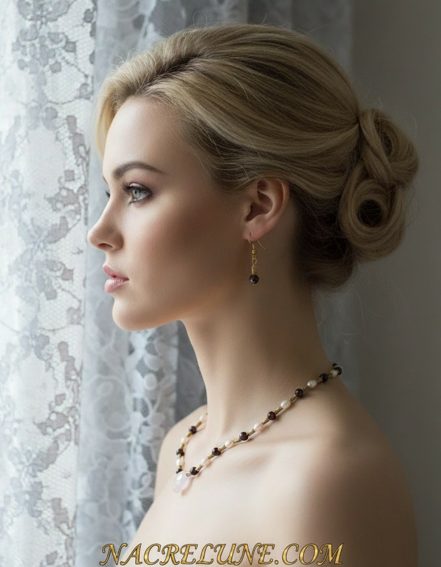 Parure petits rubis polis véritables avec perles de culture et quartz rose sculpté NACRELUNE parure