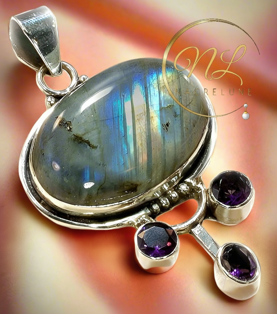 pendentif argent 925 avec labradorite et amethystes NACRELUNE pendentif