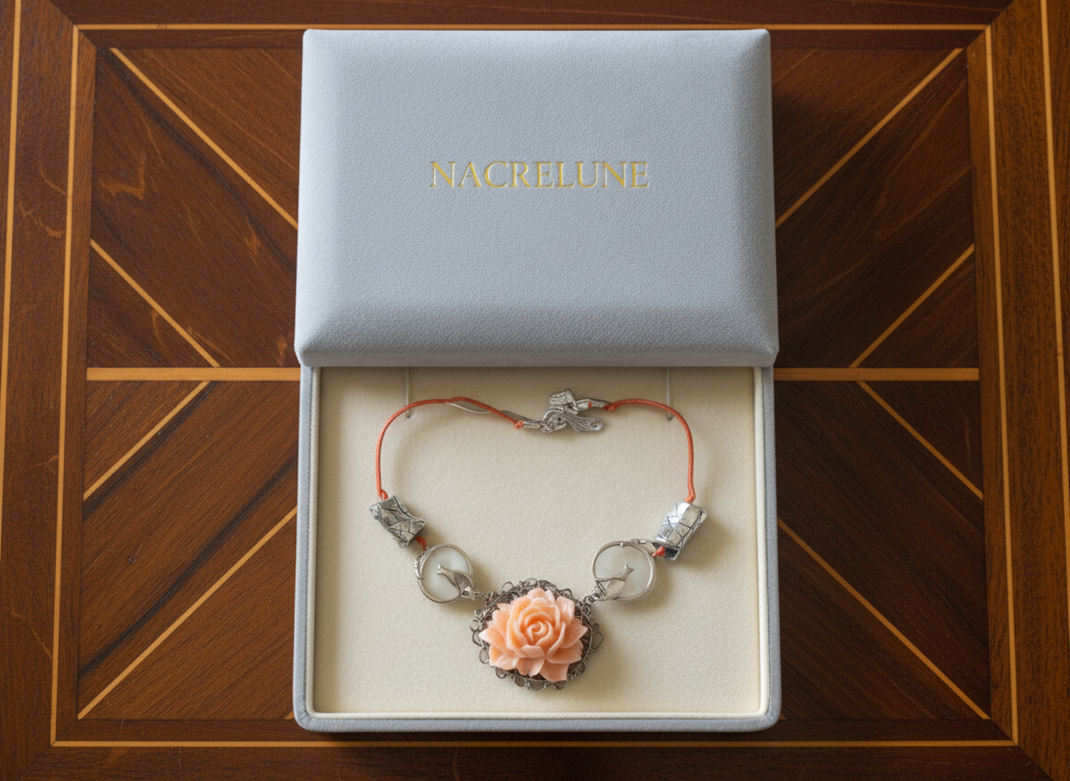 collier avec chats et grande rose imitation corail orange NACRELUNE collier