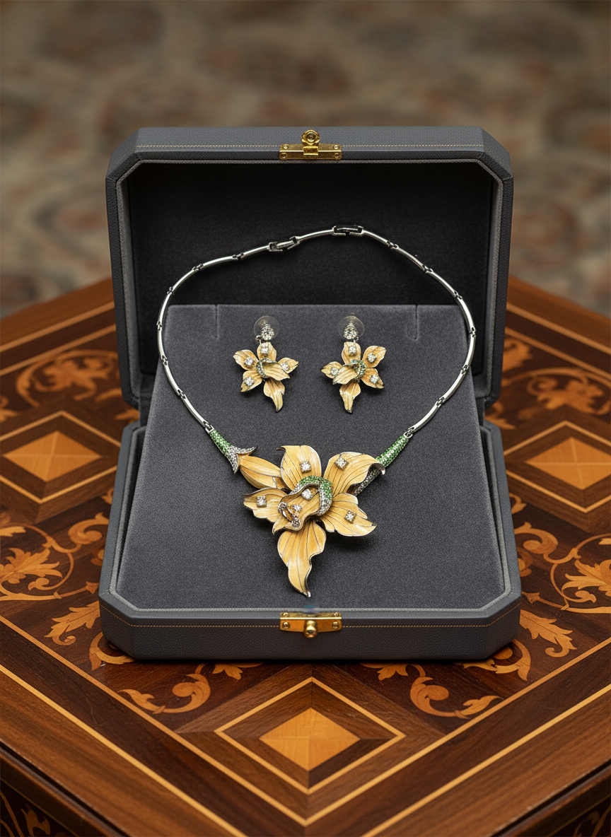 Parure en émail et strass en forme d’orchidée nacrelune.com parure