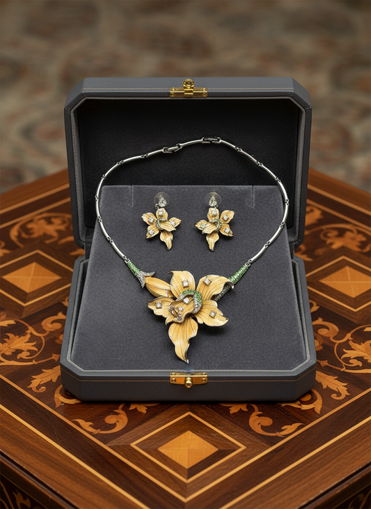 Parure en émail et strass en forme d’orchidée NACRELUNE parure