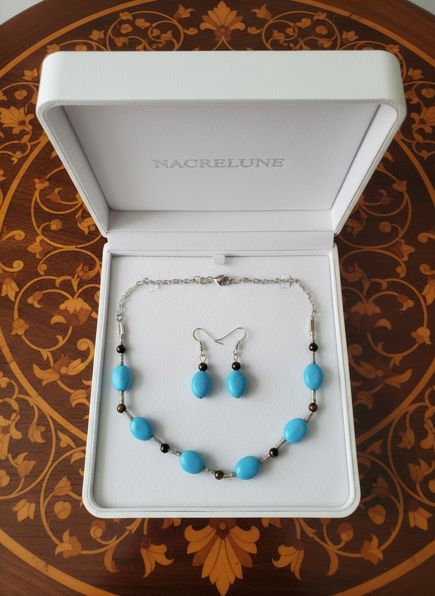 Parure en perles de turquoise et d'oeil du tigre nacrelune.com parure