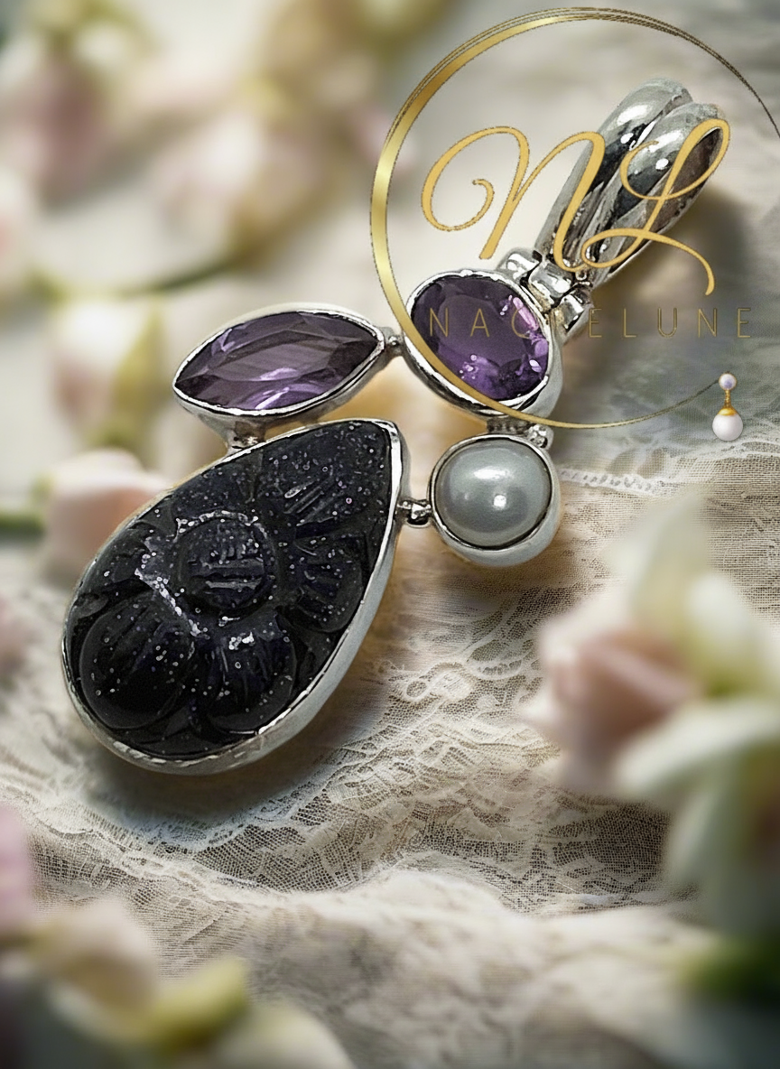 Pendentif en argent 925 avec pierres taillées serties NACRELUNE pendentif