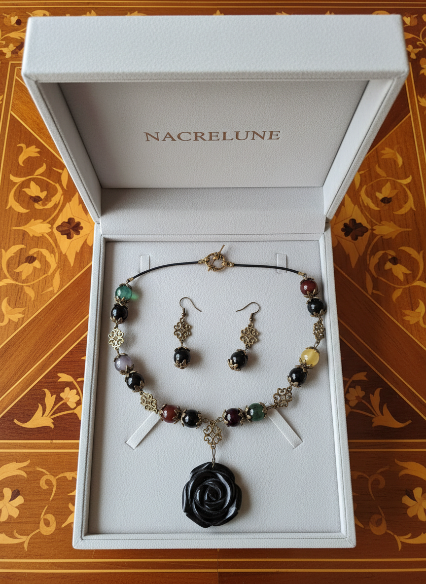 Parure en perles d'agates multicolores et rose sculptée en onyx nacrelune.com parure