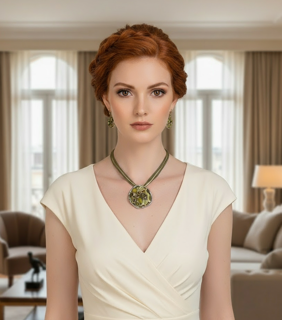 Pendentif en émail et strass avec boucles assorties vertes NACRELUNE parure