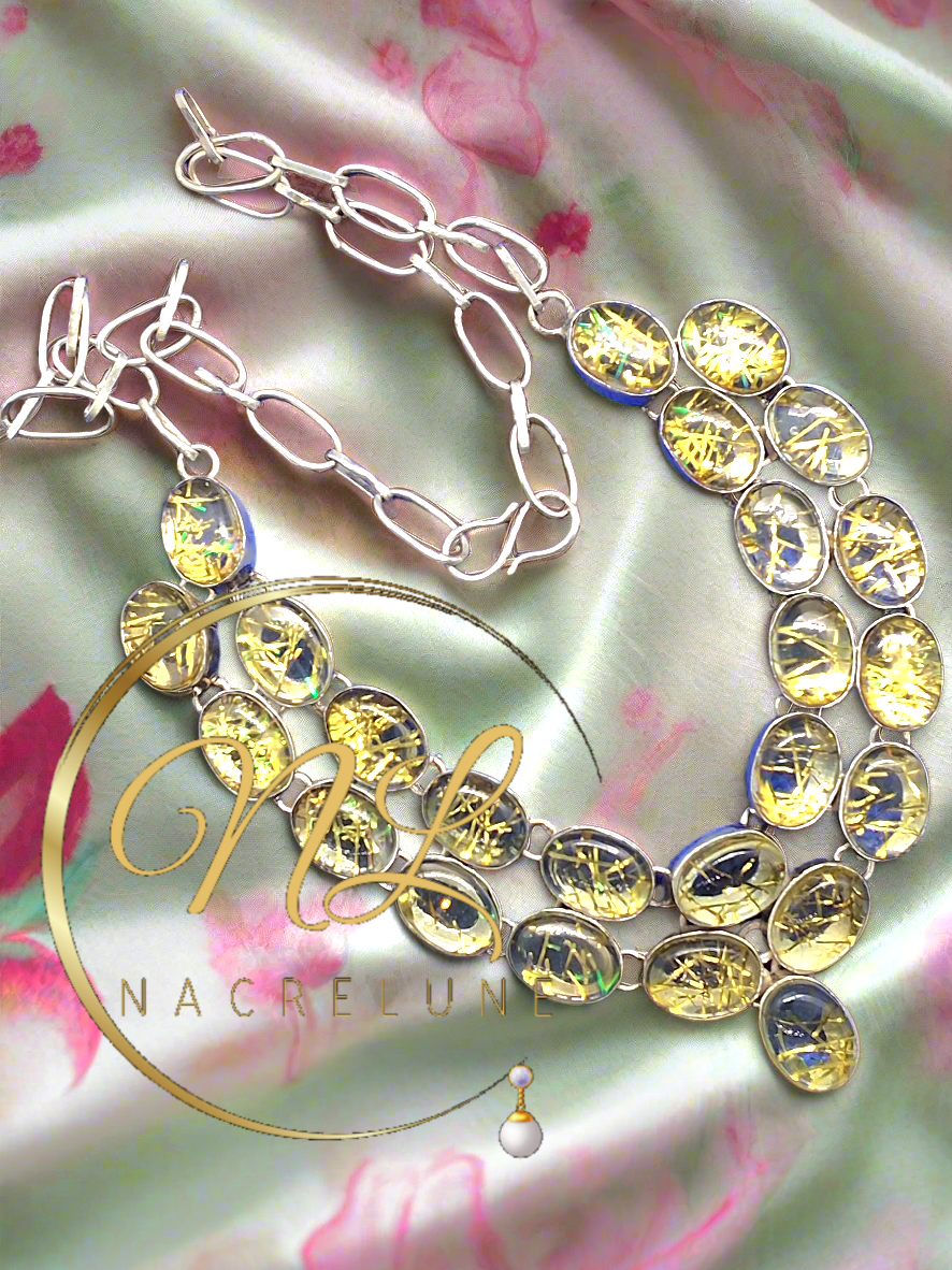 Collier en argent et 925 quartz rutiles scintillants