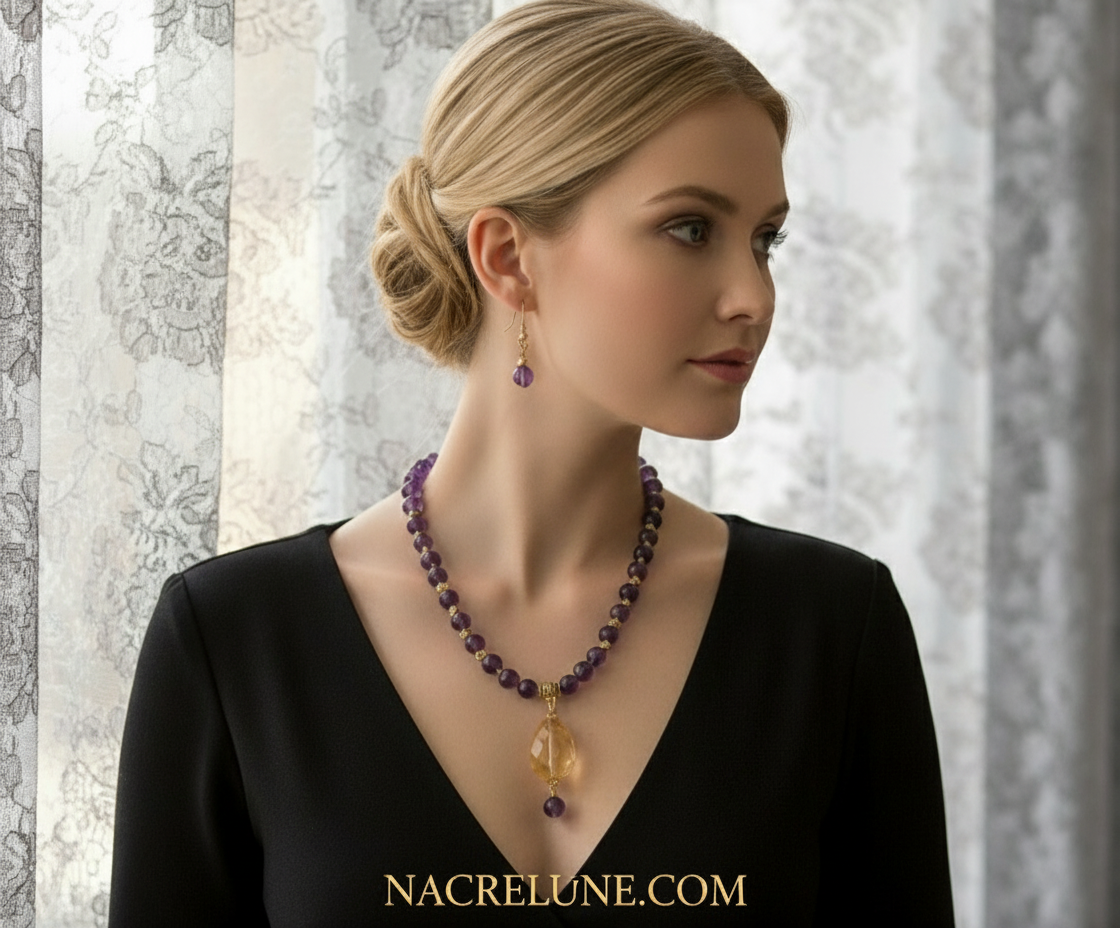 Parure en perles d'améthystes véritable et grande citrine facettée NACRELUNE parure