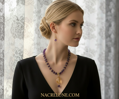 Parure en perles d'améthystes véritable et grande citrine facettée NACRELUNE parure