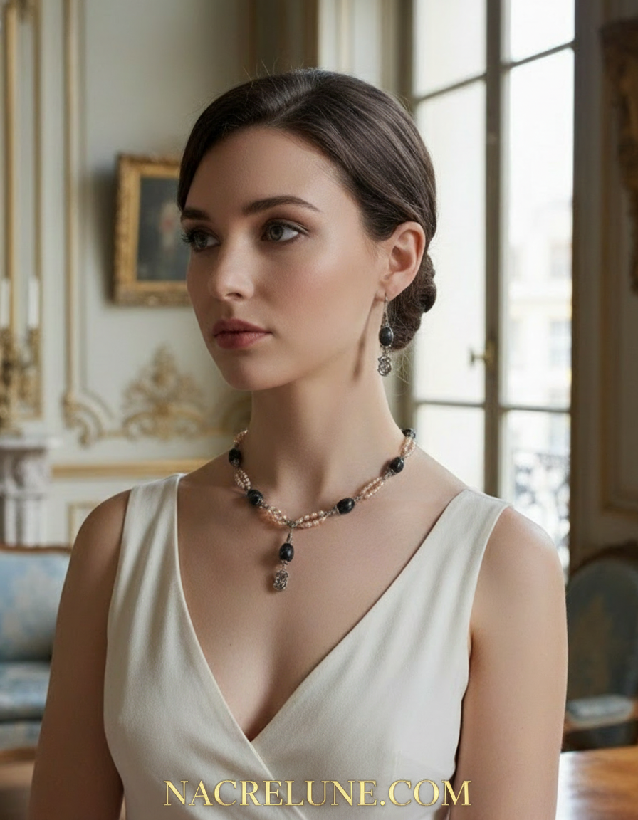 Parure en petites perles de culture couleur saumon et perles de labradorite naturelle polies