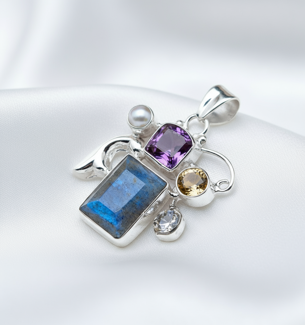 Pendentif en argent 925 avec labradorite, améthyste et citrine nacrelune.com pendentif