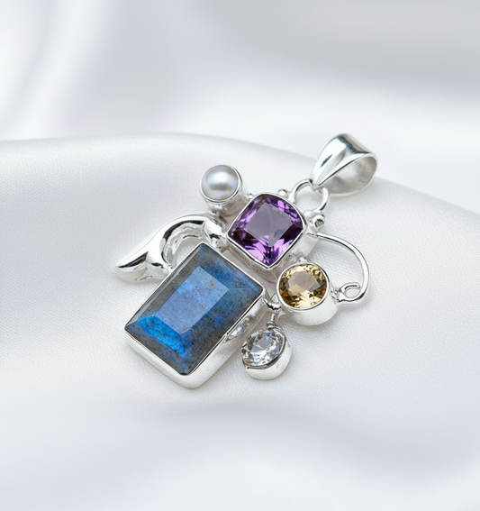 Pendentif en argent 925 avec labradorite, améthyste et citrine NACRELUNE collier