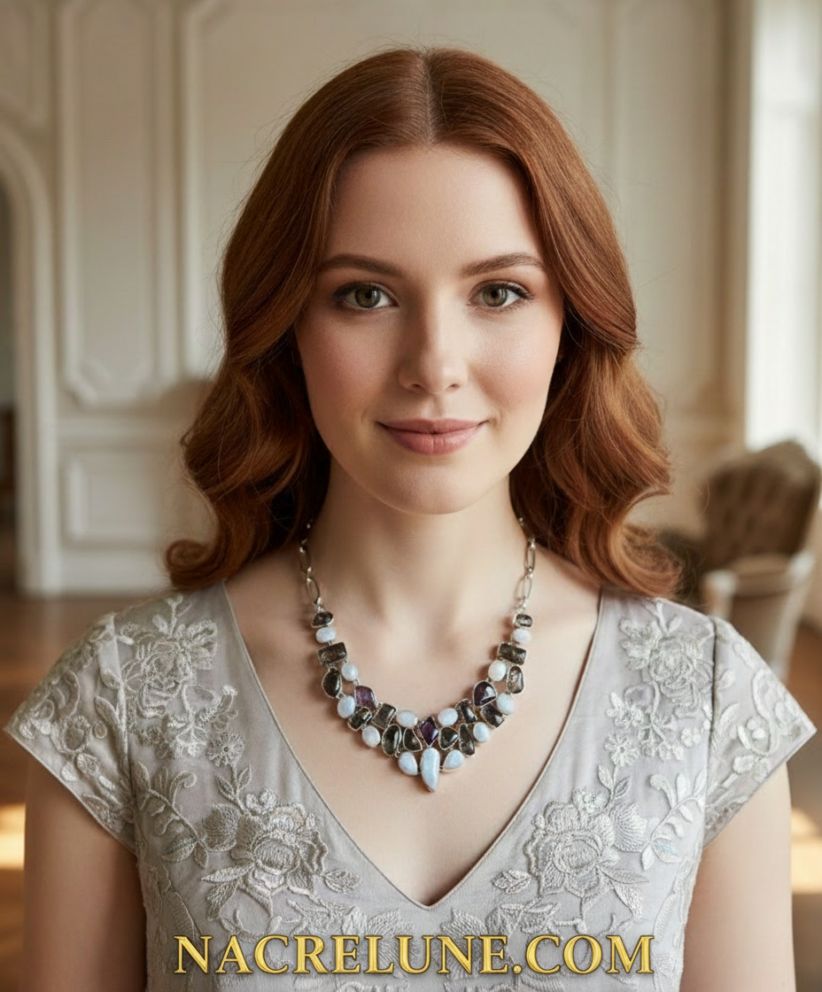 Collier en argent 925 avec pierres de lune, quartz rutiles et améthystes NACRELUNE collier