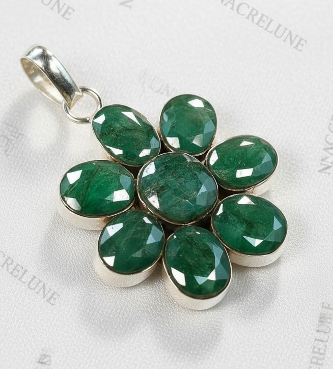 pendentif argent 925 avec émeraudes facettées NACRELUNE pendentif