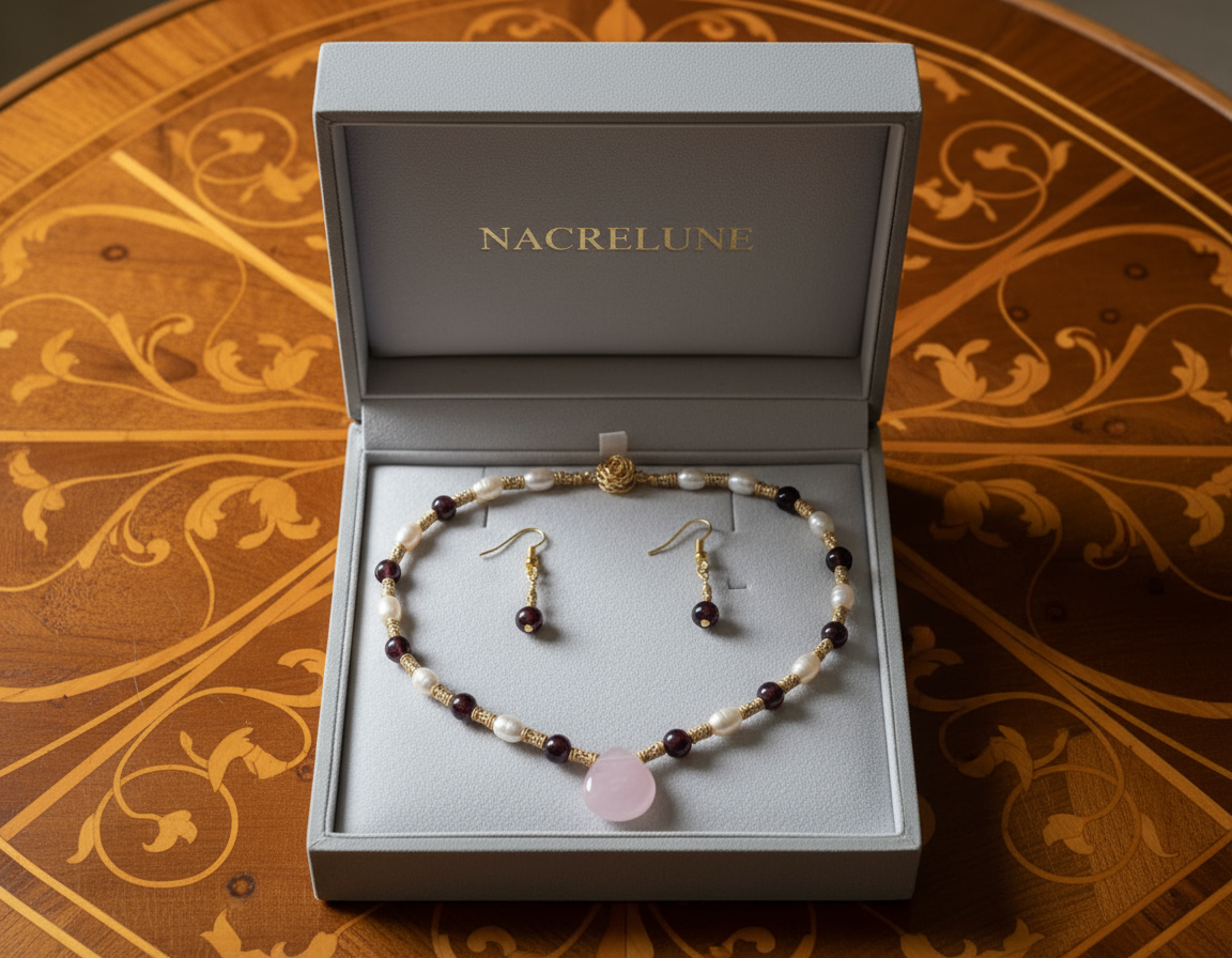 Parure petits rubis polis véritables avec perles de culture et quartz rose sculpté nacrelune.com parure