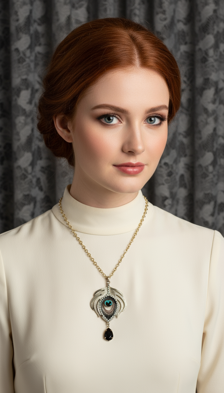 Pendentif fantaisie à longue chaîne représentant plume de paon NACRELUNE pendentif