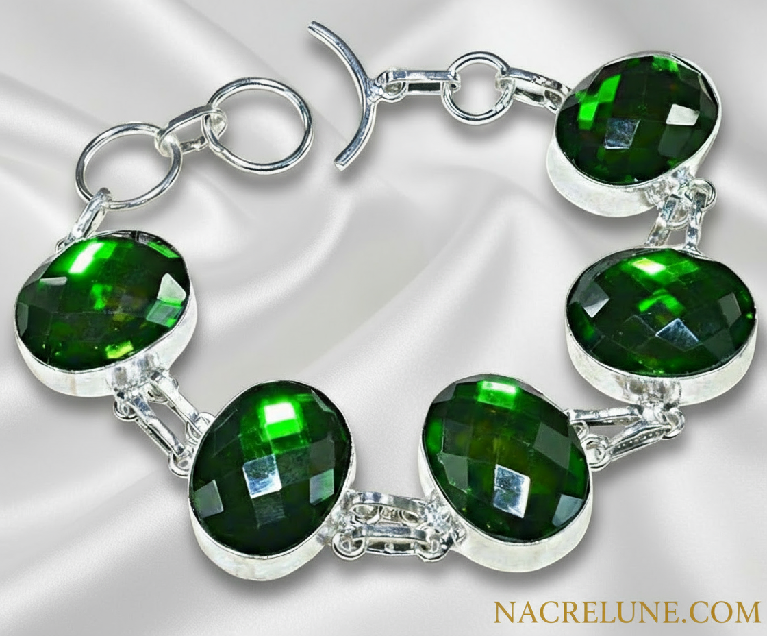 Bracelet en argent avec gros quartz verts taillés nacrelune.com bracelet
