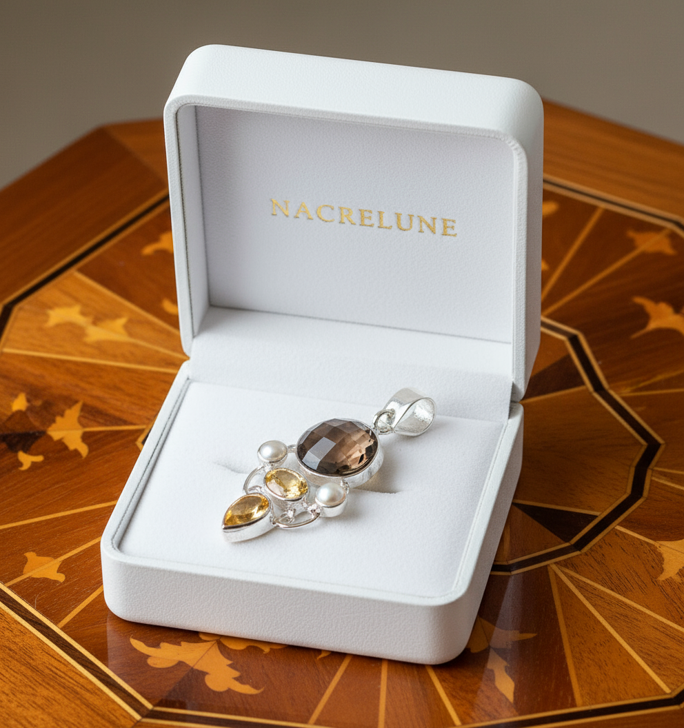 Pendentif en argent 925 avec perles, citrines et quartz fumé nacrelune.com collier
