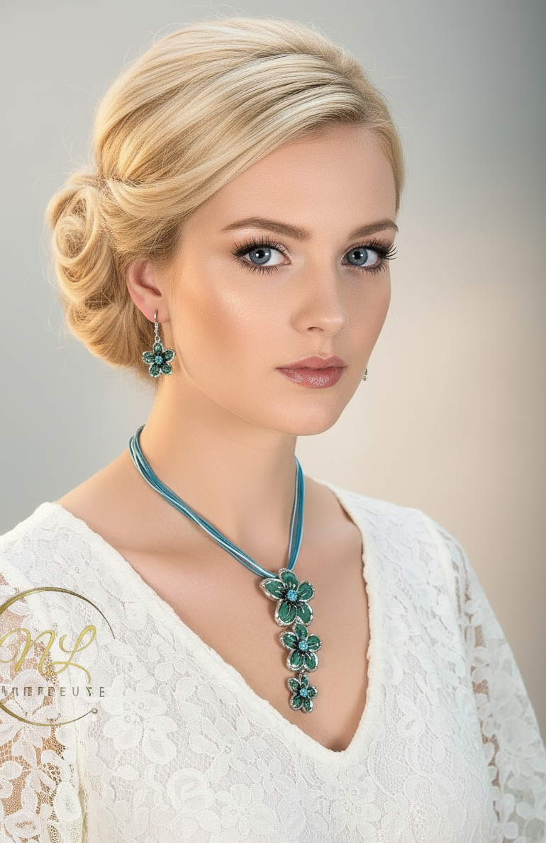 Pendentif en émail et strass en forme de fleurs avec boucles assorties nacrelune.com parure