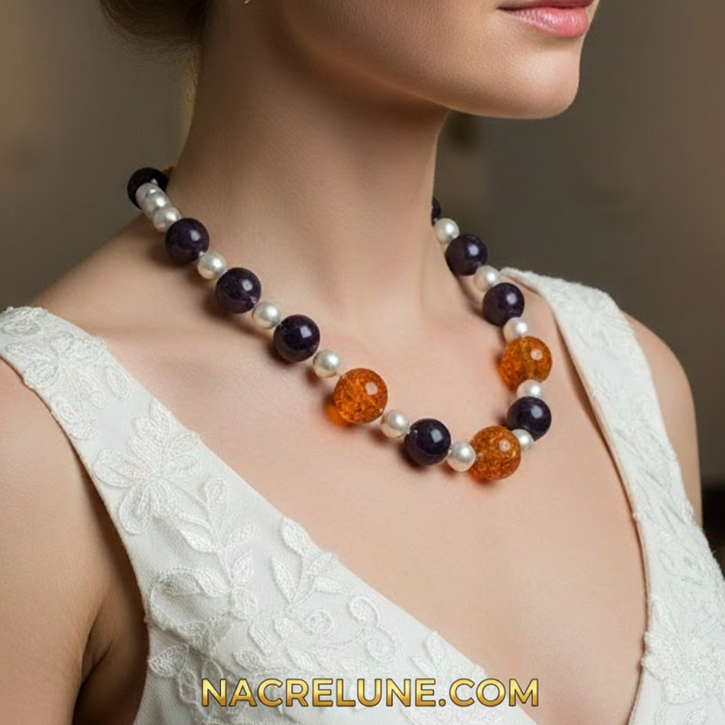 Parure en perles d'améthyste véritable , perles de nacre et ambre pressé nacrelune.com parure