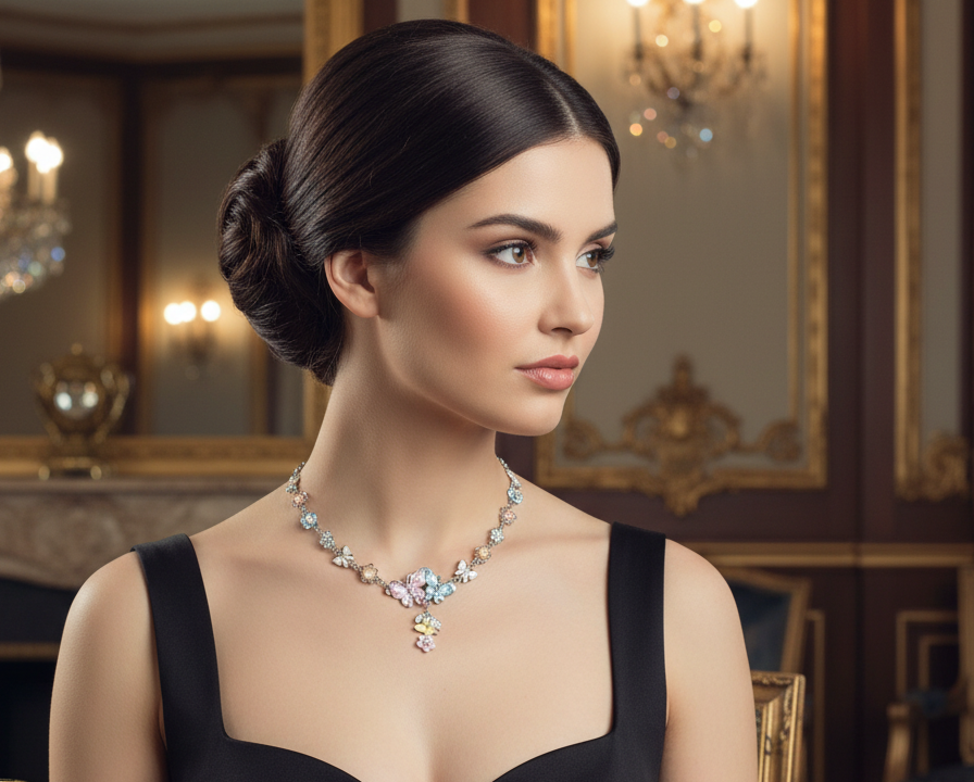 collier en émail rose et bleu avec fleurs et papillons nacrelune.com collier
