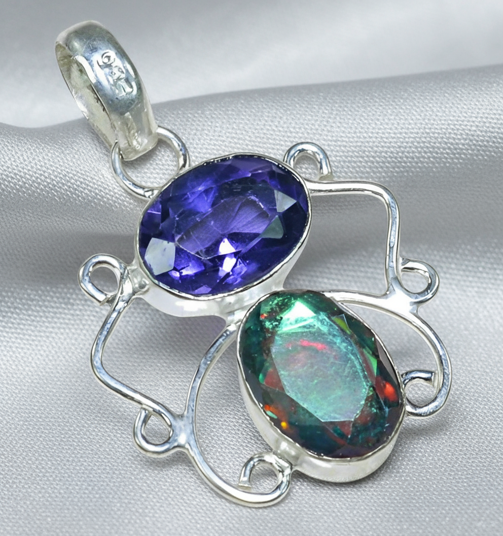 Pendentif en argent avec améthyste et topaze mystique taillées nacrelune.com pendentif