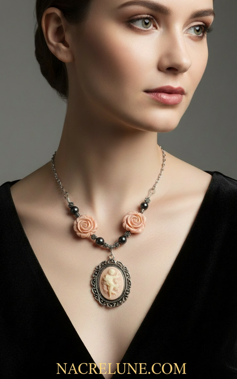 Parure avec fleurs en resine corail et perles de nacre avec camée nacrelune.com parure