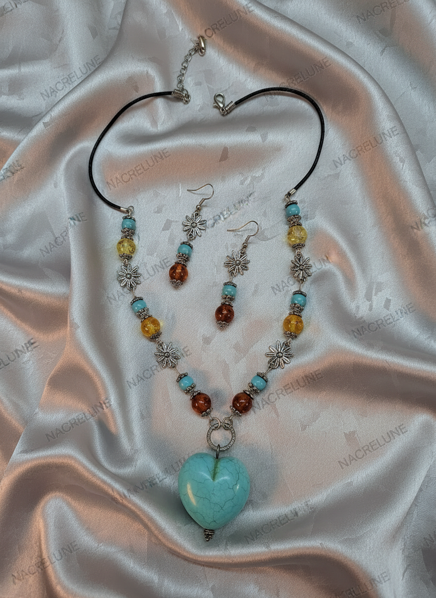 Parure ambre et cœur turquoise NACRELUNE parure