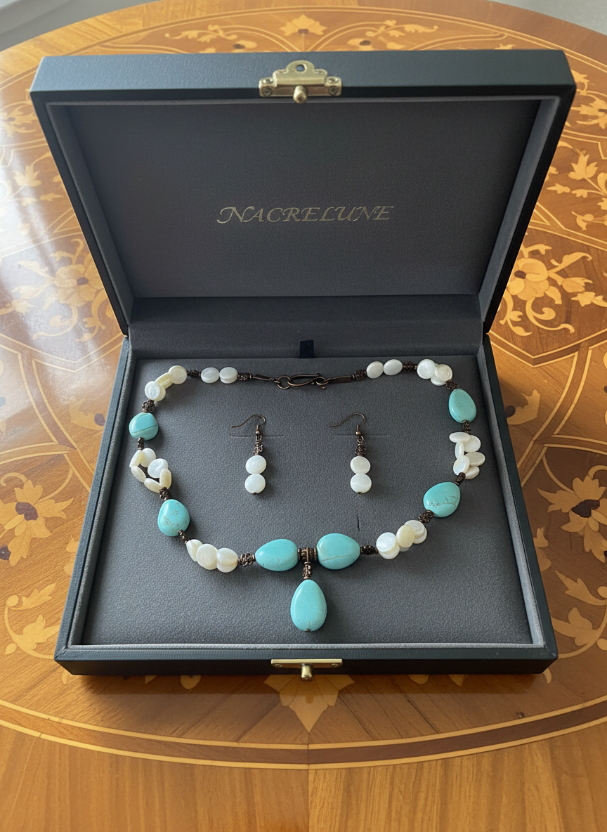 parure en perles pastilles de nacre et perles en turquoise nacrelune.com parure