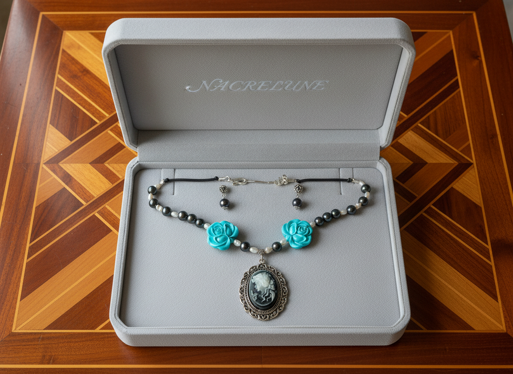 Parure en perles de nacre avec fleurs en resine turquoise et camée nacrelune.com parure