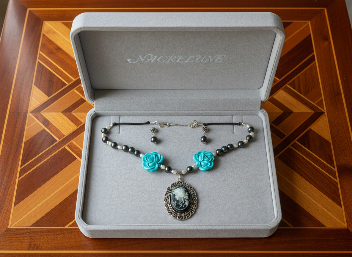 Parure en perles de nacre avec fleurs en resine turquoise et camée nacrelune.com parure