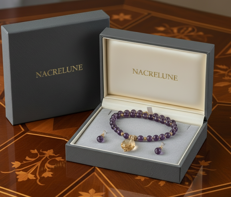 Parure en perles d'améthystes véritable et grande citrine facettée NACRELUNE parure