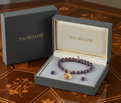 Parure en perles d'améthystes véritable et grande citrine facettée NACRELUNE parure