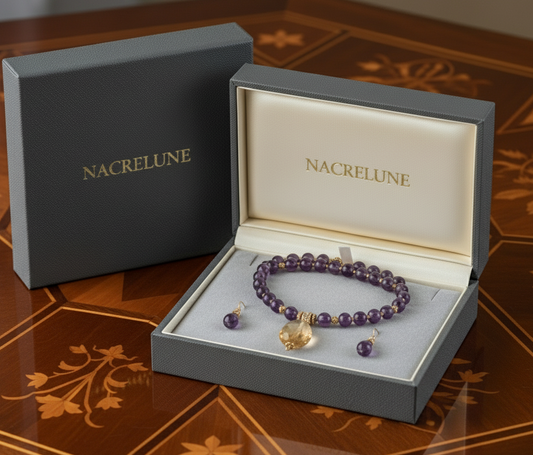 Parure en perles d'améthystes véritable et grande citrine facettée NACRELUNE parure