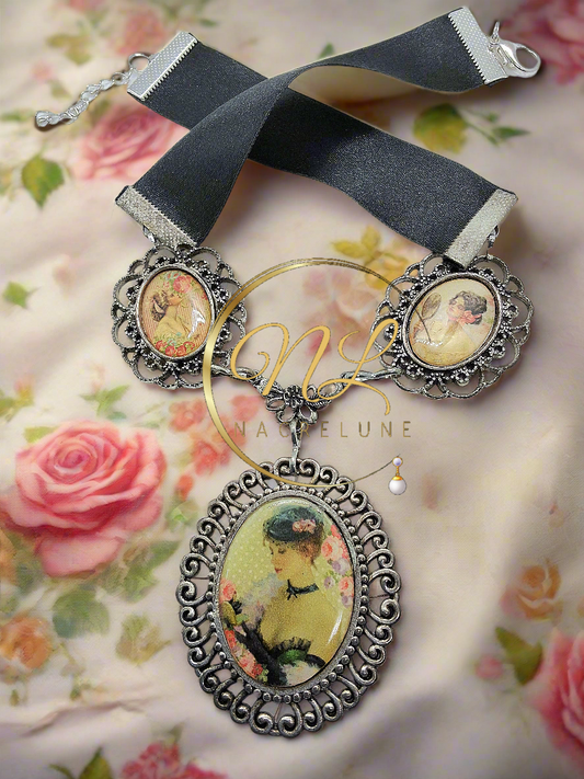parure de bijoux en camée fantaisie. Les images délicates et la jolie dame en font un ajout unique et original