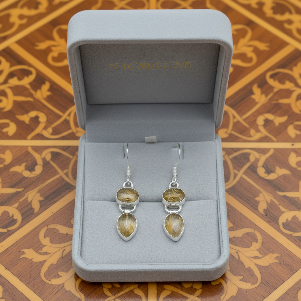 Boucles d'oreille en argent avec quartz rutiles nacrelune.com boucles d'oreille