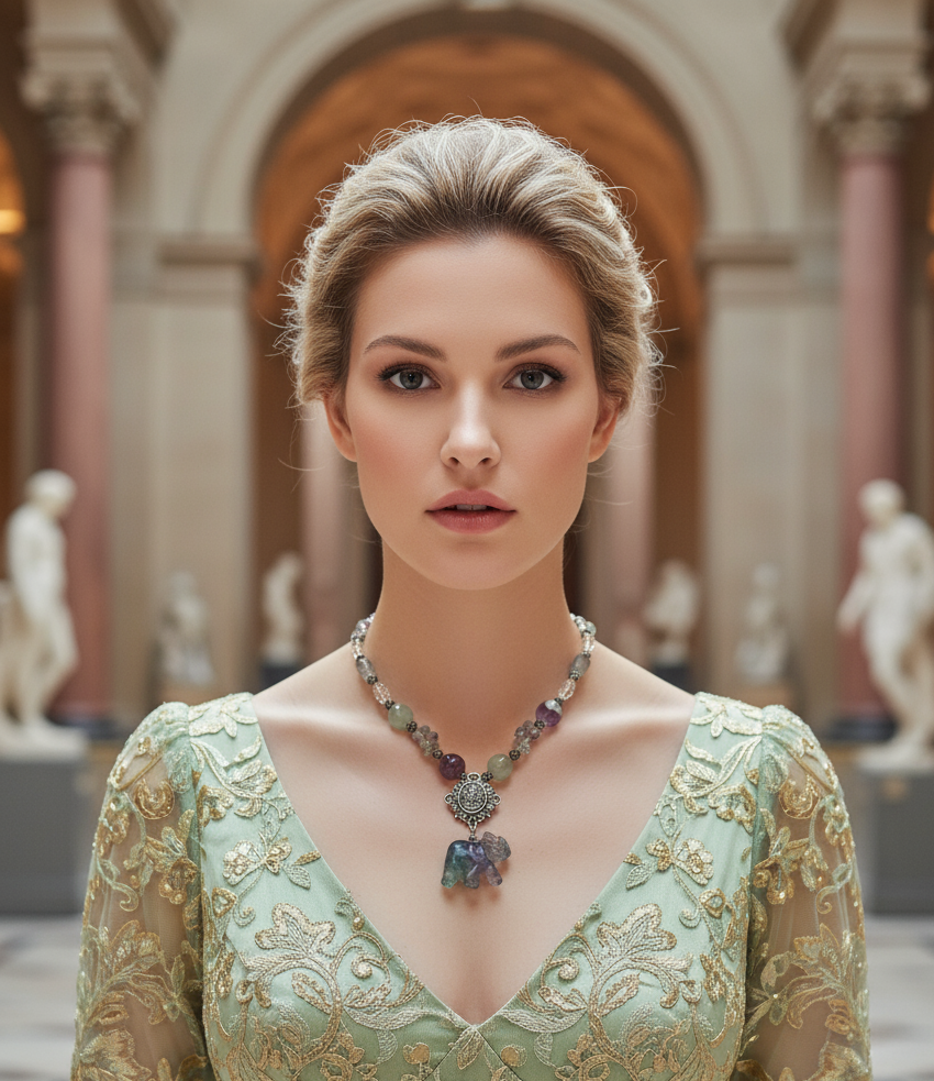 Collier en perles et elephant sculptés en fluorite naturelle et perles avec camée métal NACRELUNE collier