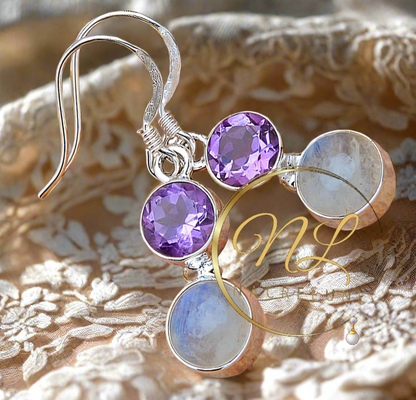 Boucles d'oreille en argent avec améthystes et pierres de lune