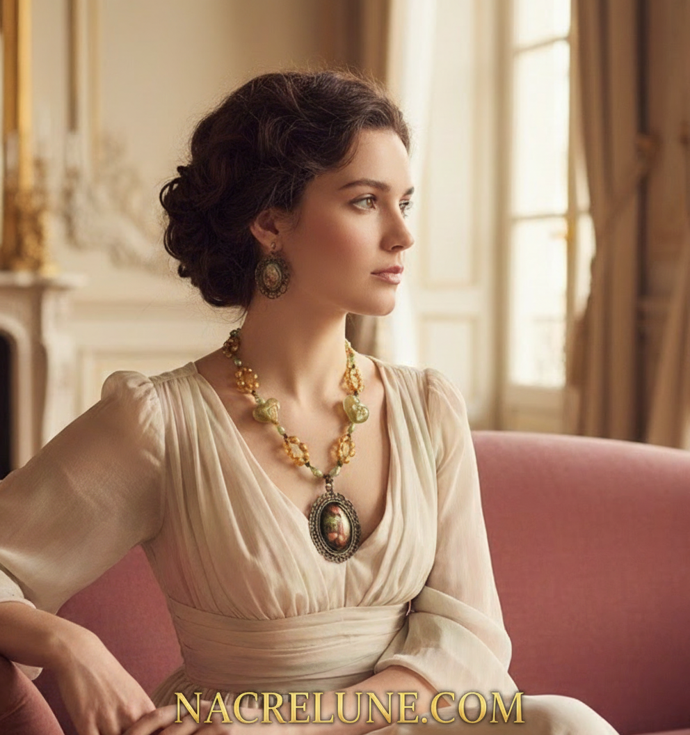 Parure en perles de culture véritables et perles acrylique avec camée en verre représentant des fleurs