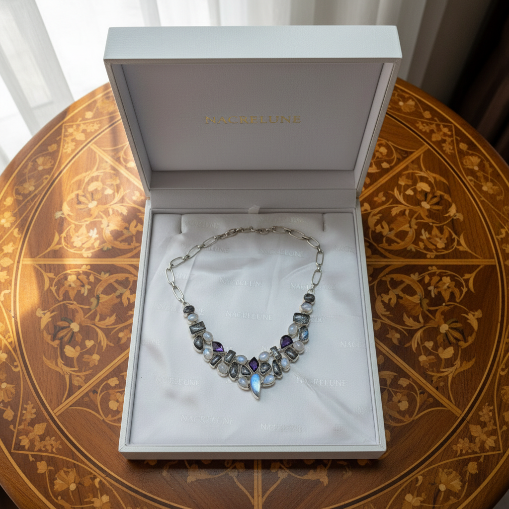 Collier en argent 925 avec pierres de lune, quartz rutiles et améthystes nacrelune.com collier