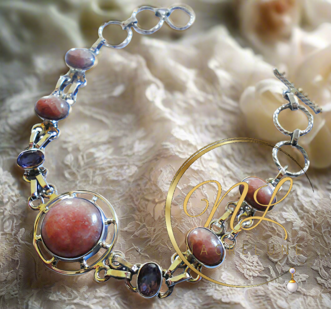 Bracelet en argent avec rhodocrosites et améthystes
