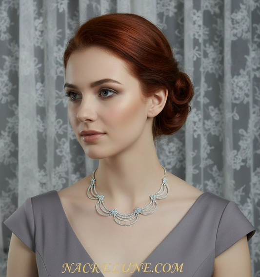 Parure en strass blancs et petites fleurs aurore boréale NACRELUNE parure