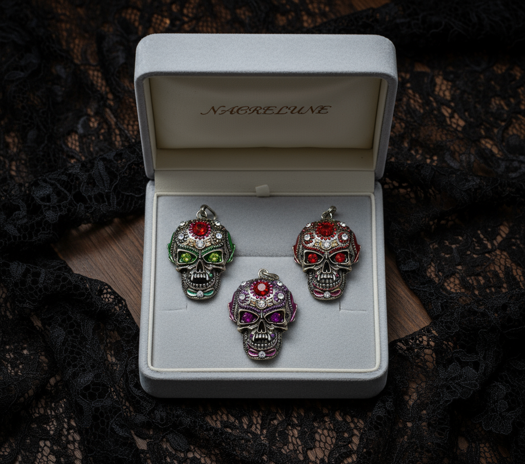 Pendentif mexicain ou gothique tête de mort, choisissez la couleur des yeux nacrelune.com collier