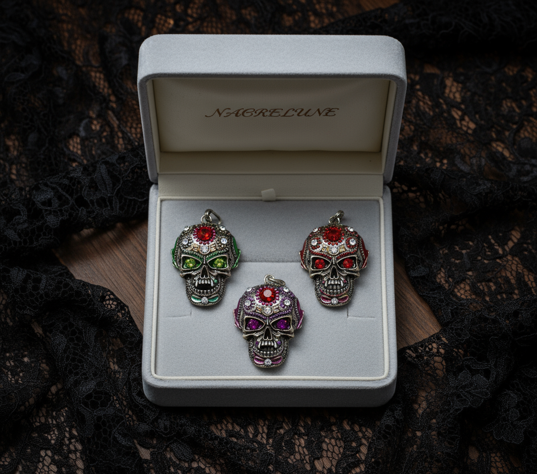 Pendentif mexicain ou gothique tête de mort, choisissez la couleur des yeux nacrelune.com collier
