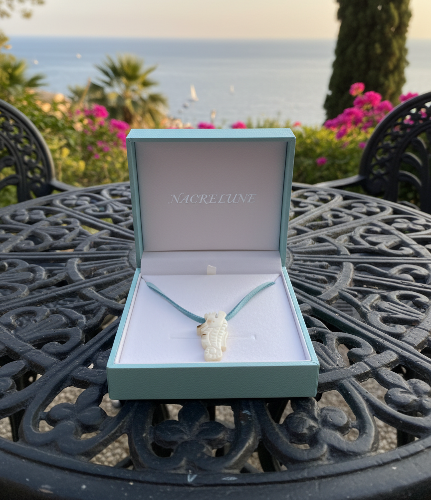 Pendentif hyppocampe en nacre avec son lien cuir NACRELUNE pendentif