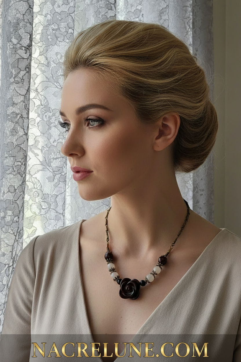 Parure en perles d'agates avec fleur en agate sculptée nacrelune.com parure