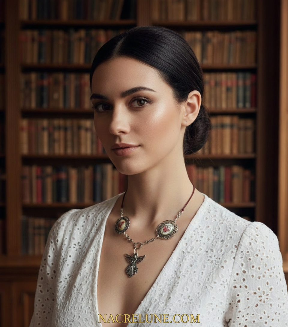 Collier fait de petits camées représentant un ange et des fées des fleurs nacrelune.com collier