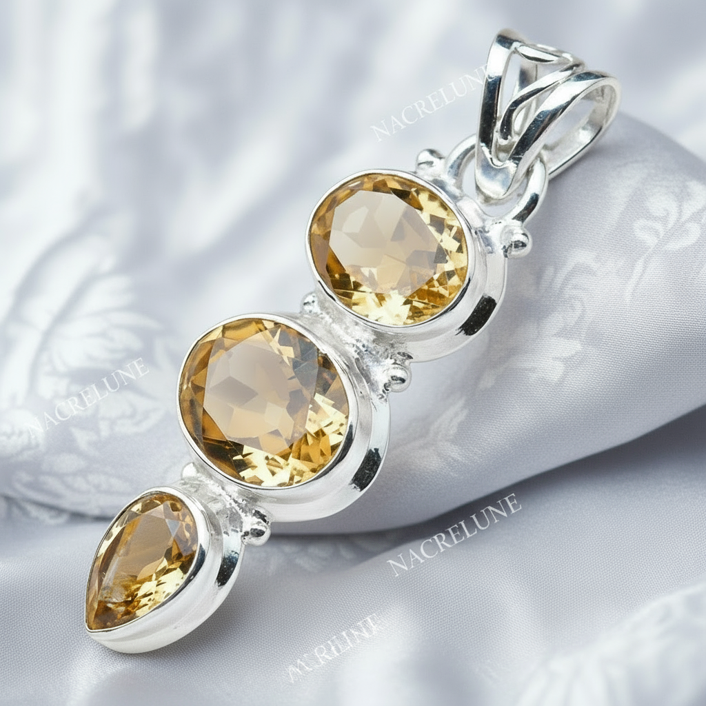 Pendentif en argent 925 avec citrines taillées nacrelune.com collier