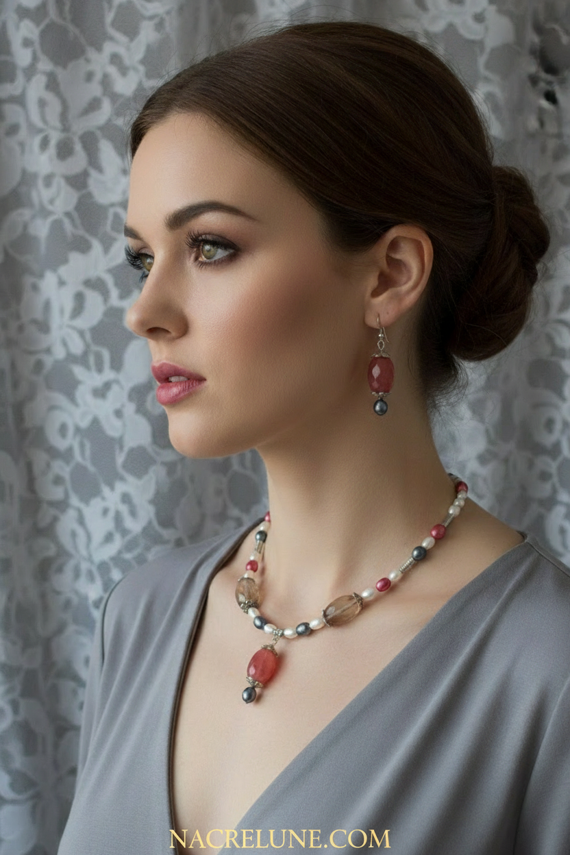 Parure en perles de quartz facettées rouges NACRELUNE parure