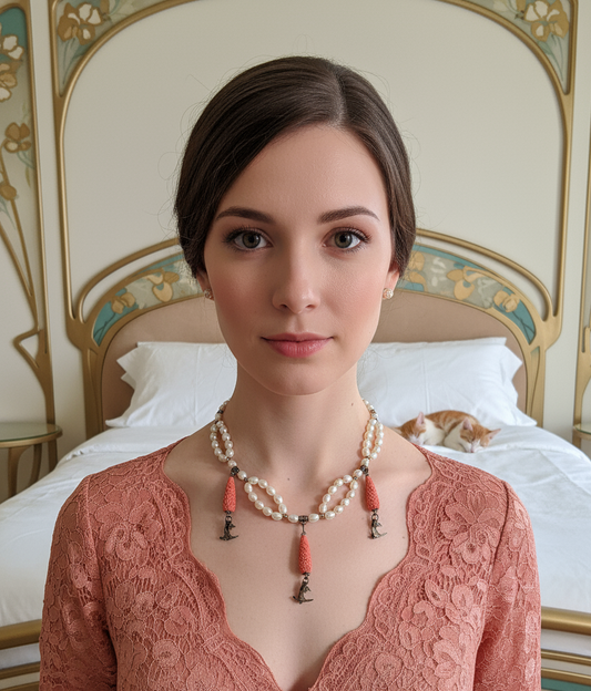 Collier en perles de culture avec éléments sculptés en imitation corail NACRELUNE collier